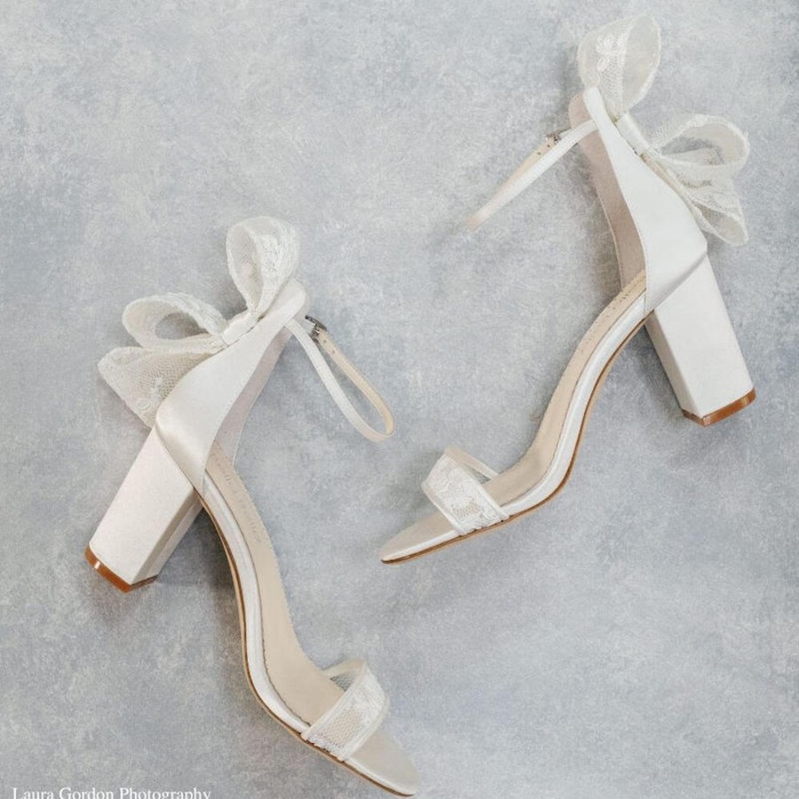 Bridal Bella Belle Shoes | Lace Open Toe Block Heels With Bow Ivory