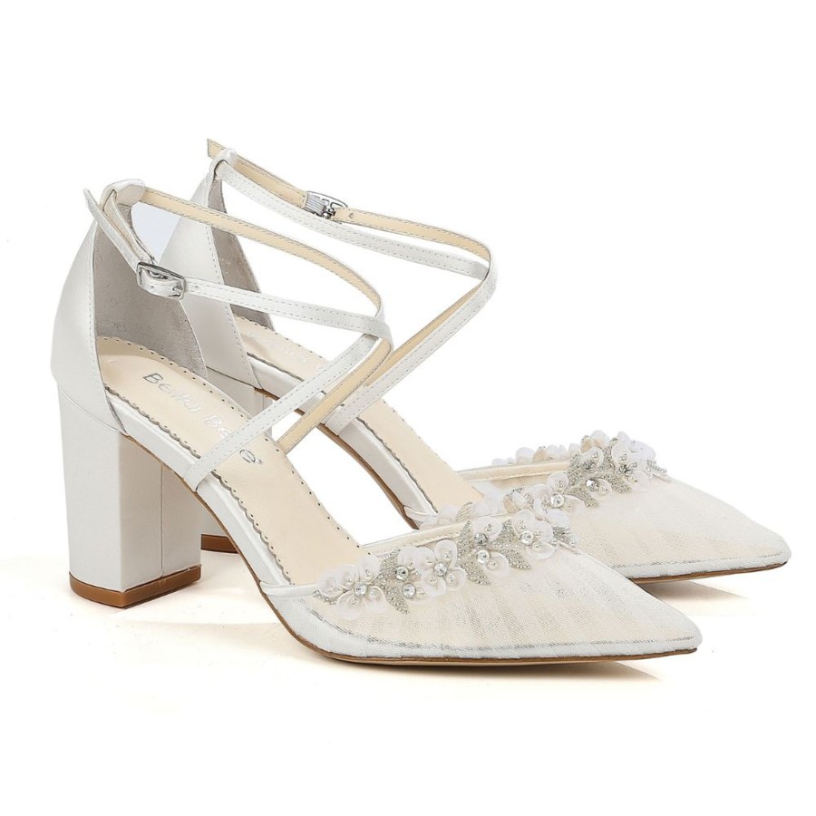 Bridal Bella Belle Shoes | Pleated Tulle Floral Trim Block Wedding Heels Ivory