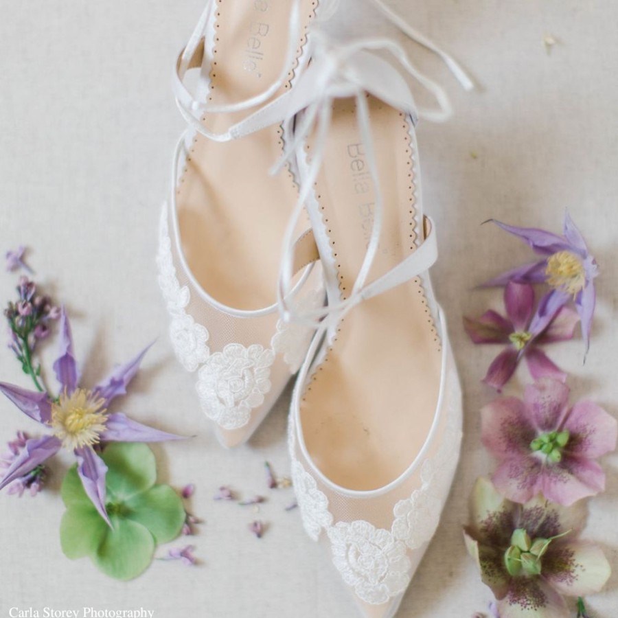 Bridal Bella Belle Shoes | Floral Lace Kitten Heels Ivory