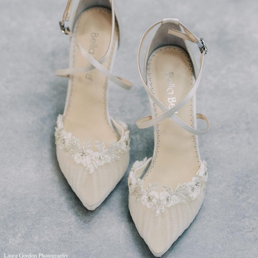 Bridal Bella Belle Shoes | Pleated Tulle Floral Trim Block Wedding Heels Ivory