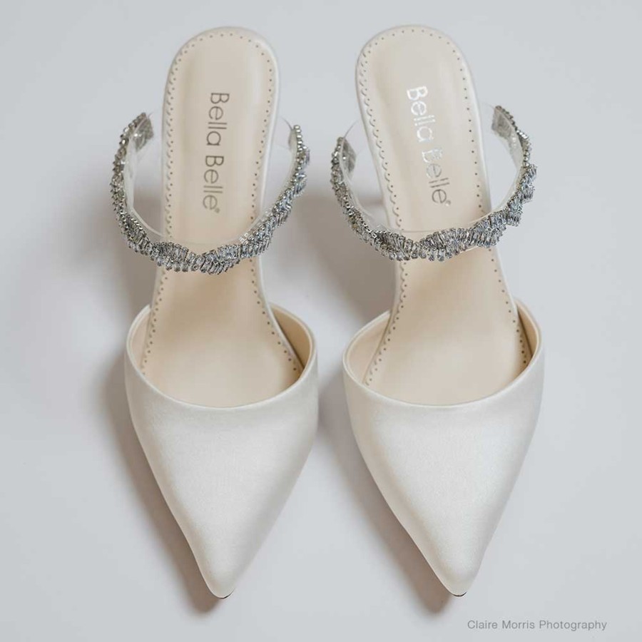 Bridal Bella Belle Shoes | Bridal Mules With Crystal Strap Ivory