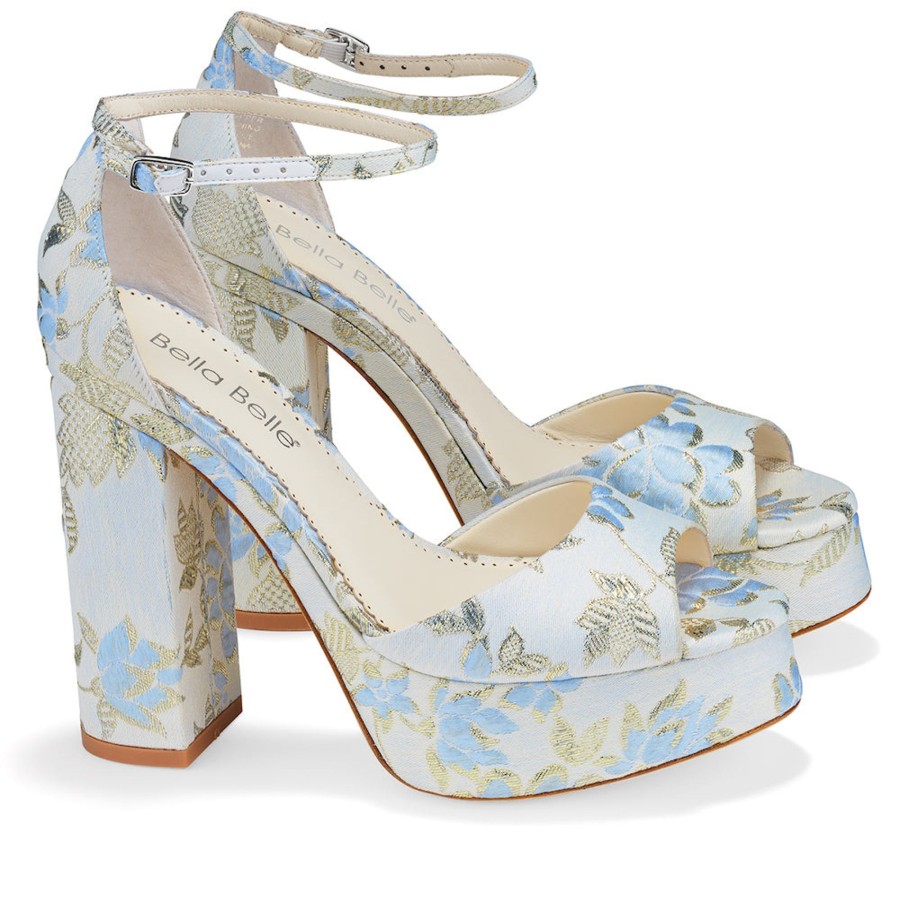 Bridal Bella Belle Shoes | Platform Jacquard Floral Sandals With Ankle Straps Blue