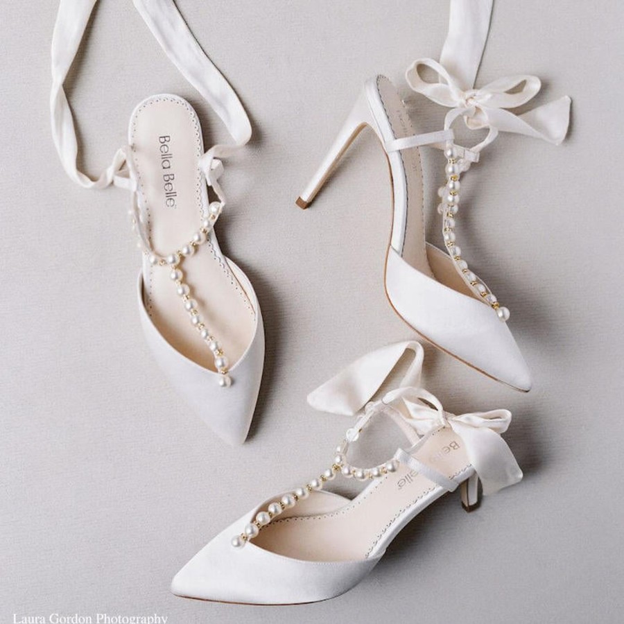 Bridal Bella Belle Shoes | Pearl T-Strap Heels With Ankle Wrap Bow Ivory