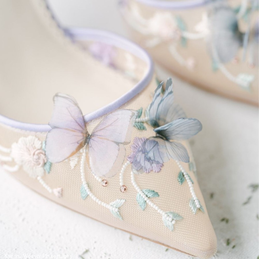 Bridal Bella Belle Shoes | Chiffon Butterfly Kitten Heels With Ankle Straps Lavender