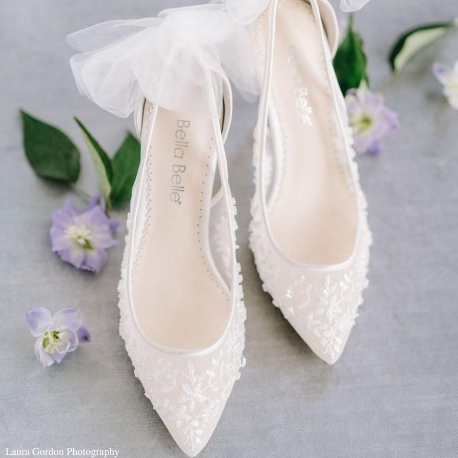 Bridal Bella Belle Shoes | Beaded Illusion Mesh Lace High Heels With Removable Bow Ivory