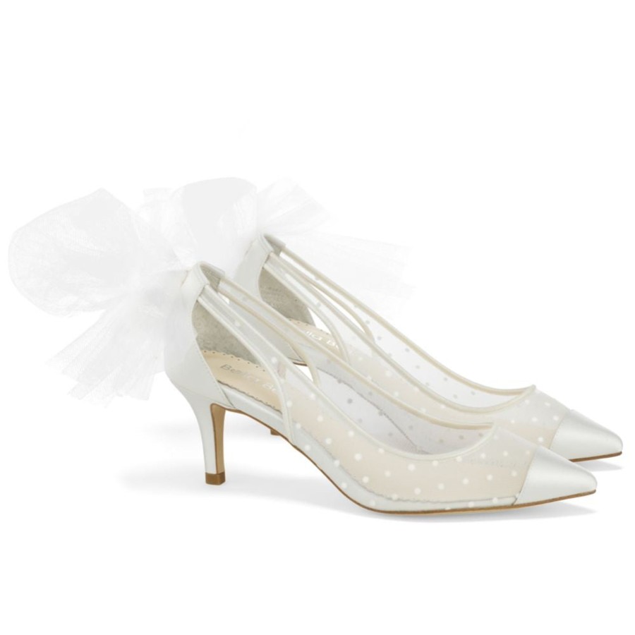 Bridal Bella Belle Shoes | Polka Dot Kitten Slingback Heels With Detachable Tulle Bow Ivory