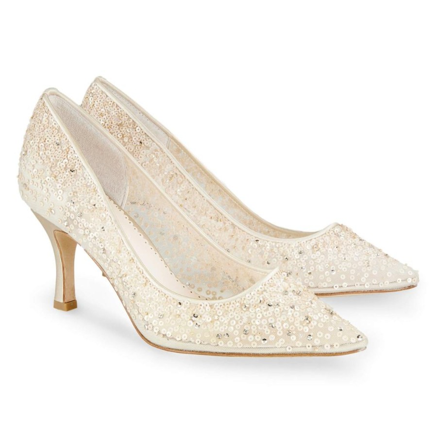 Bridal Bella Belle Shoes | Illusion Mesh Embroidered Crystal & Sequin Sparkly Heels Nude