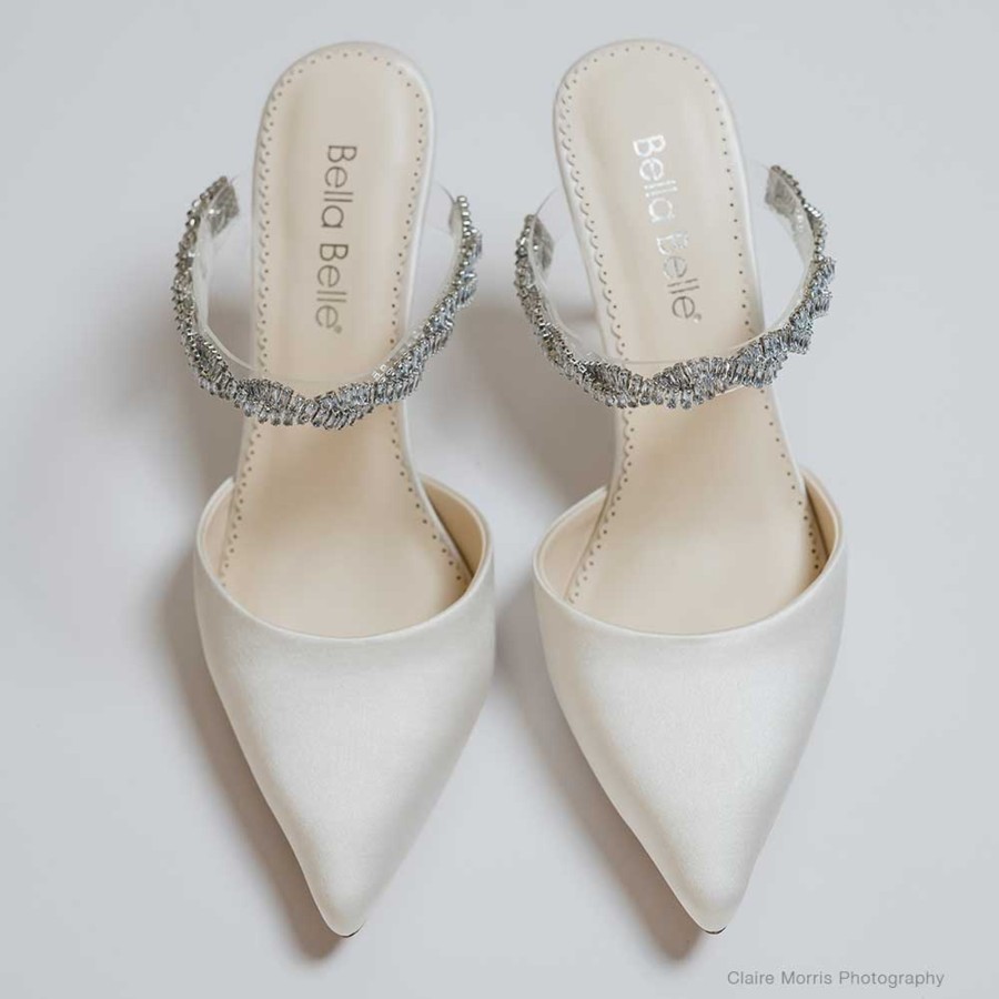 Bridal Bella Belle Shoes | Bridal Mules With Crystal Strap Ivory