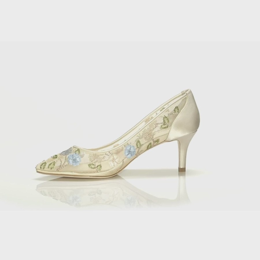 Bridal Bella Belle Shoes | Embroidered Floral Kitten Heels Nude