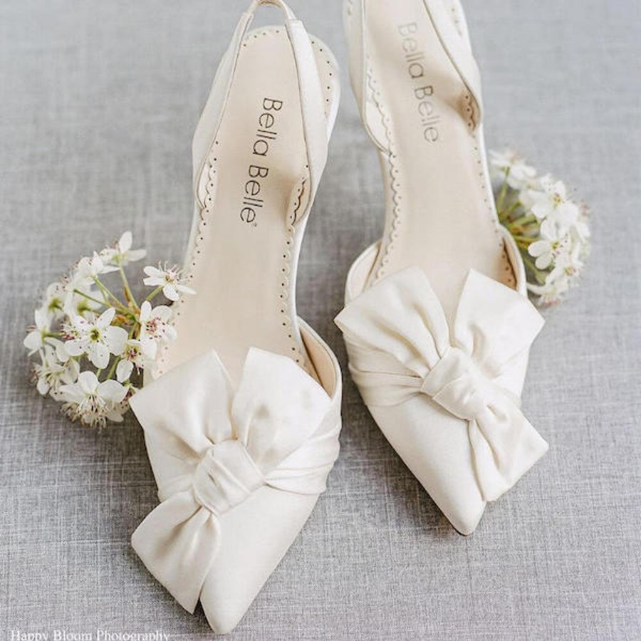 Bridal Bella Belle Shoes | Pointed Toe Wedding Slingback Heels With Bow Ivory