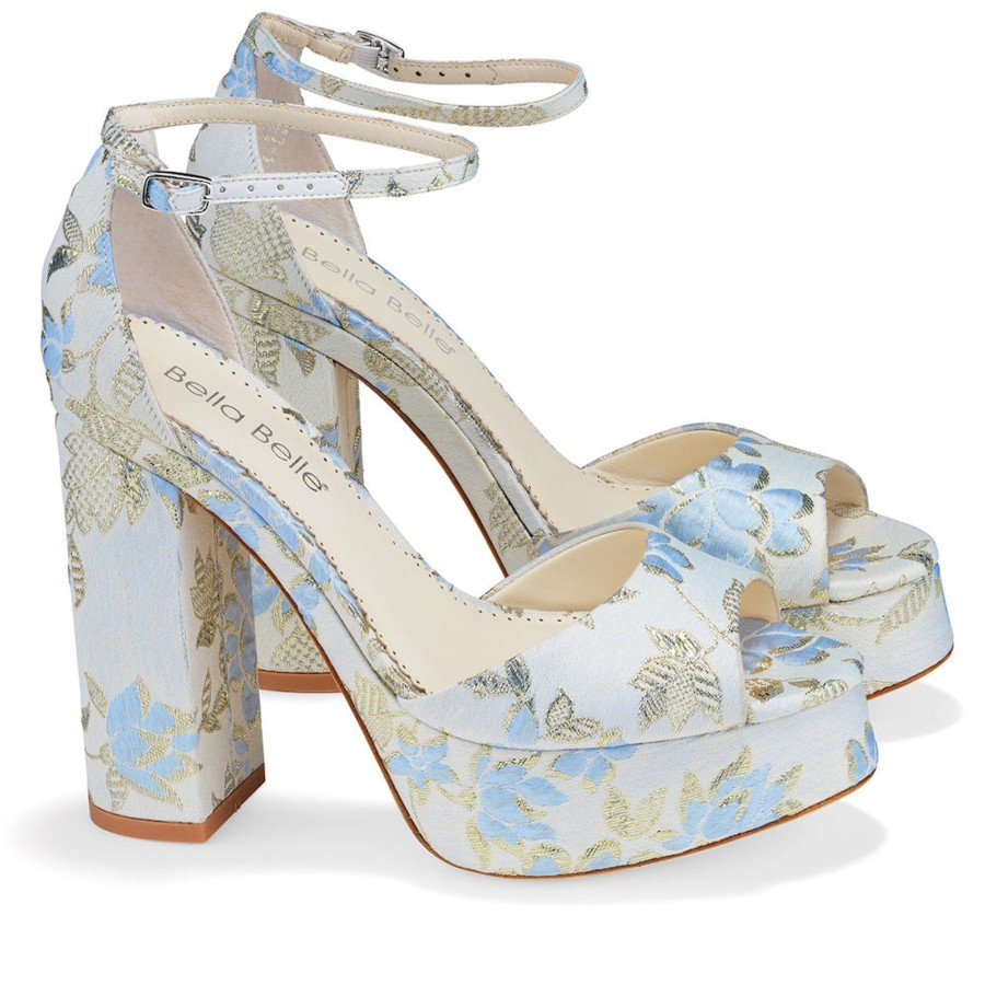 Bridal Bella Belle Shoes | Platform Jacquard Floral Sandals With Ankle Straps Blue