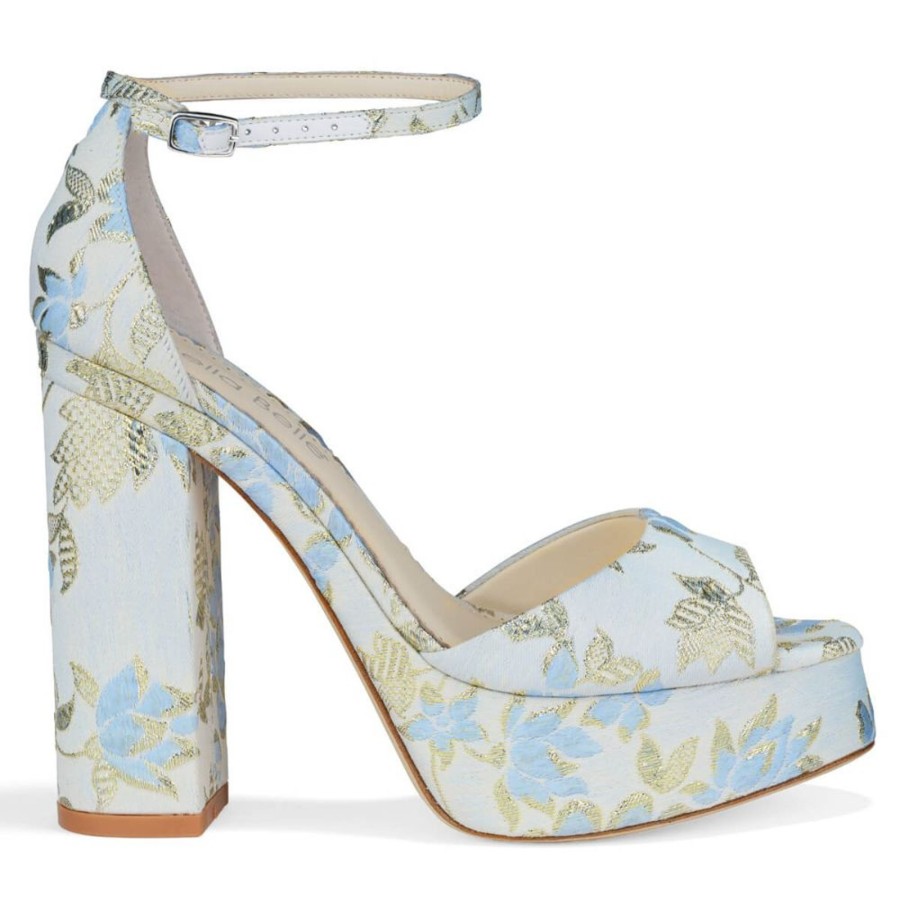 Bridal Bella Belle Shoes | Platform Jacquard Floral Sandals With Ankle Straps Blue