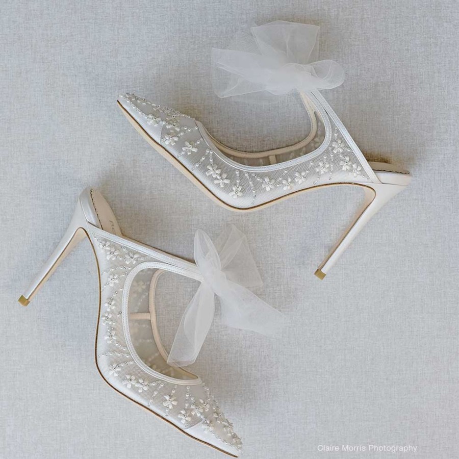 Bridal Bella Belle Shoes | Mule Heels With Flower Embroidered Illusion Mesh And Tulle Bow Ivory