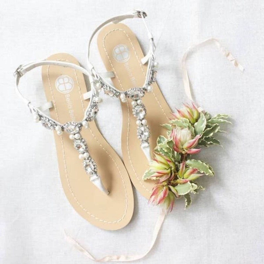 Bridal Bella Belle Shoes | Leather Dressy Flat Sandals For Weddings With Jewels And Pearls White