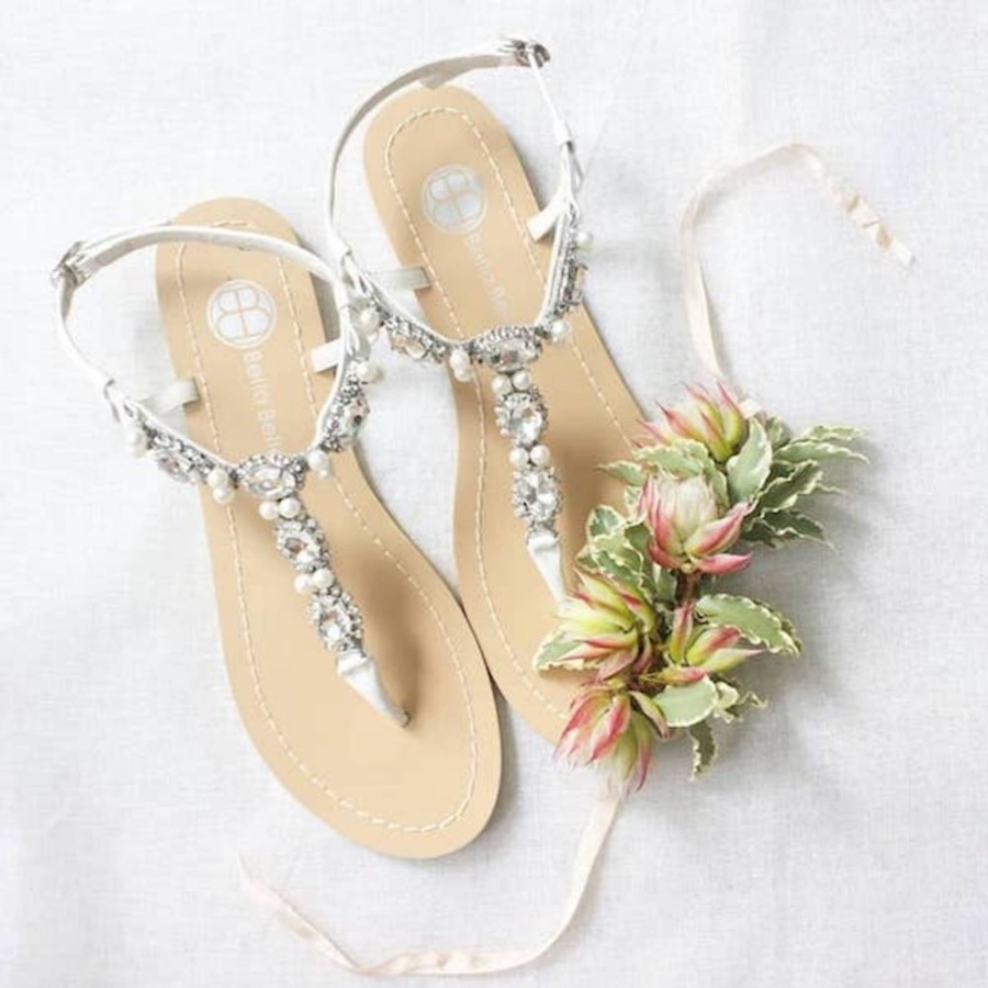 Bridal Bella Belle Shoes | Leather Dressy Flat Sandals For Weddings With Jewels And Pearls White