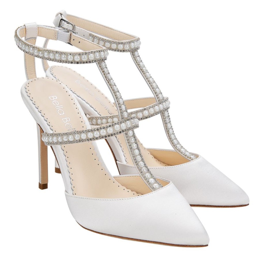 Bridal Bella Belle Shoes | T-Strap Heels With Crystals & Pearls Ivory