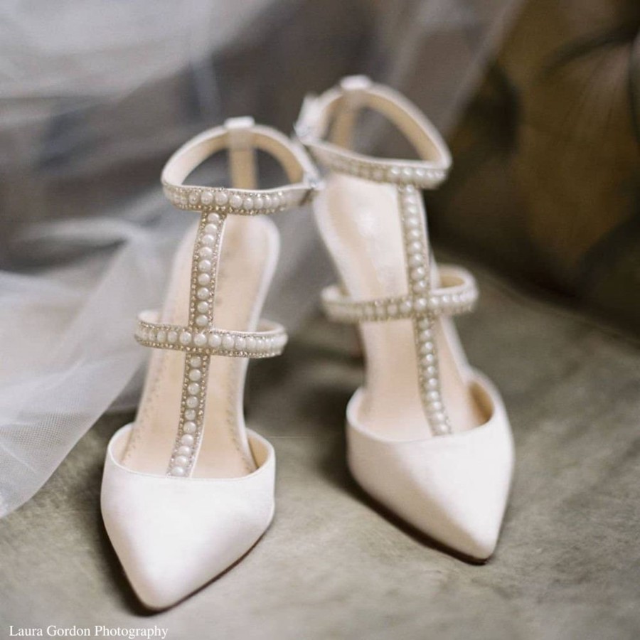 Bridal Bella Belle Shoes | T-Strap Heels With Crystals & Pearls Ivory