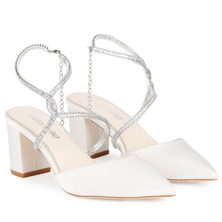 Bridal Bella Belle Shoes | Kitten Block Shoe Crystal Ankle Strap Heels Ivory