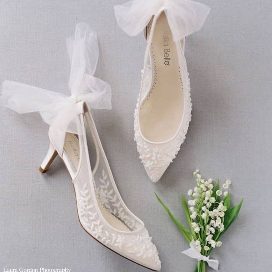 Bridal Bella Belle Shoes | Illusion Mesh Lace Beaded Kitten Heels With Removable Bow Ivory