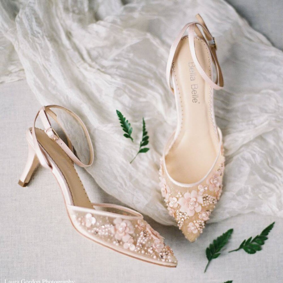 Bridal Bella Belle Shoes | Low Pink Heels With 3D Flowers And Beading Blush