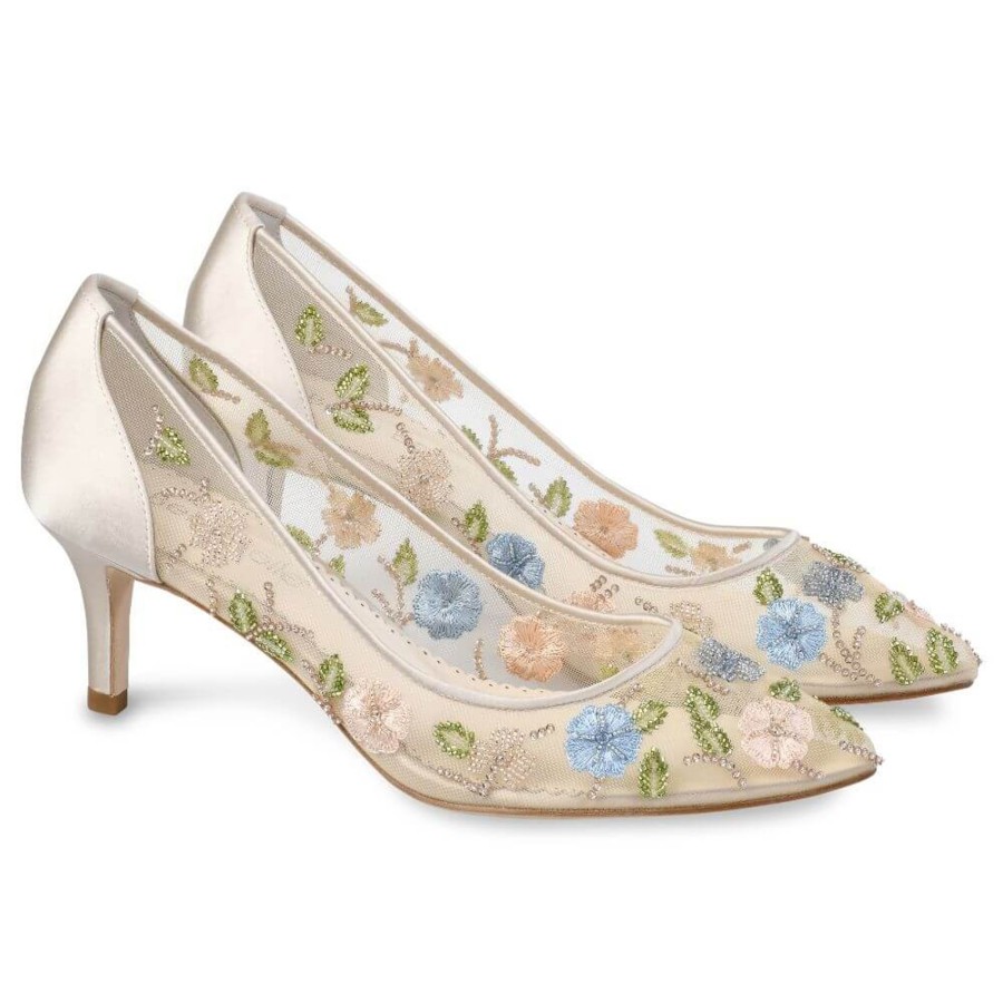 Non-Bridal Bella Belle Shoes | Embroidered Floral Kitten Heels Nude