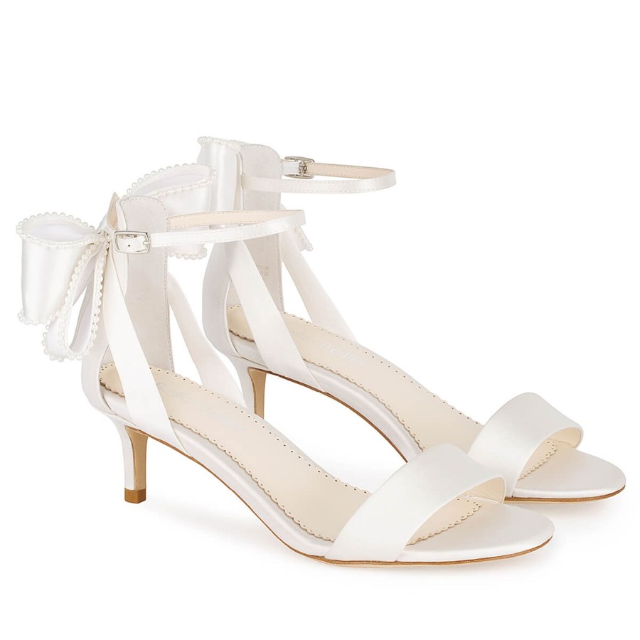 Bridal Bella Belle Shoes | Low Heel Open Toe Wedding Shoes With Ankle Strap Pearl Trimmed Bows Ivory