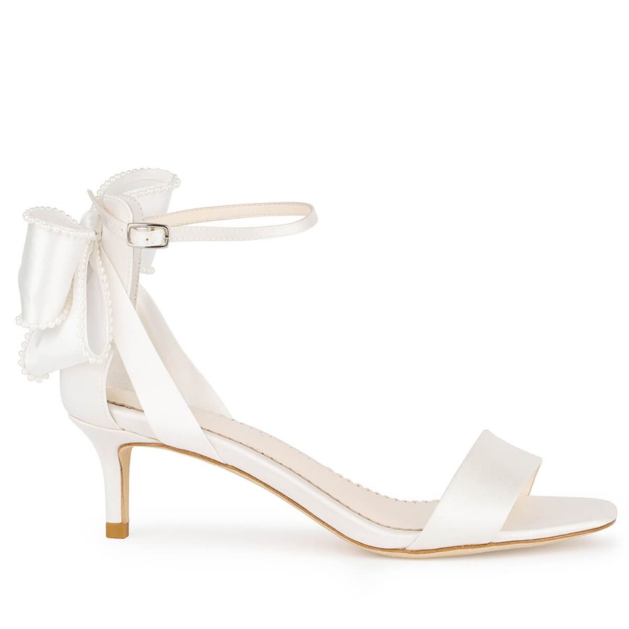 Bridal Bella Belle Shoes | Low Heel Open Toe Wedding Shoes With Ankle Strap Pearl Trimmed Bows Ivory