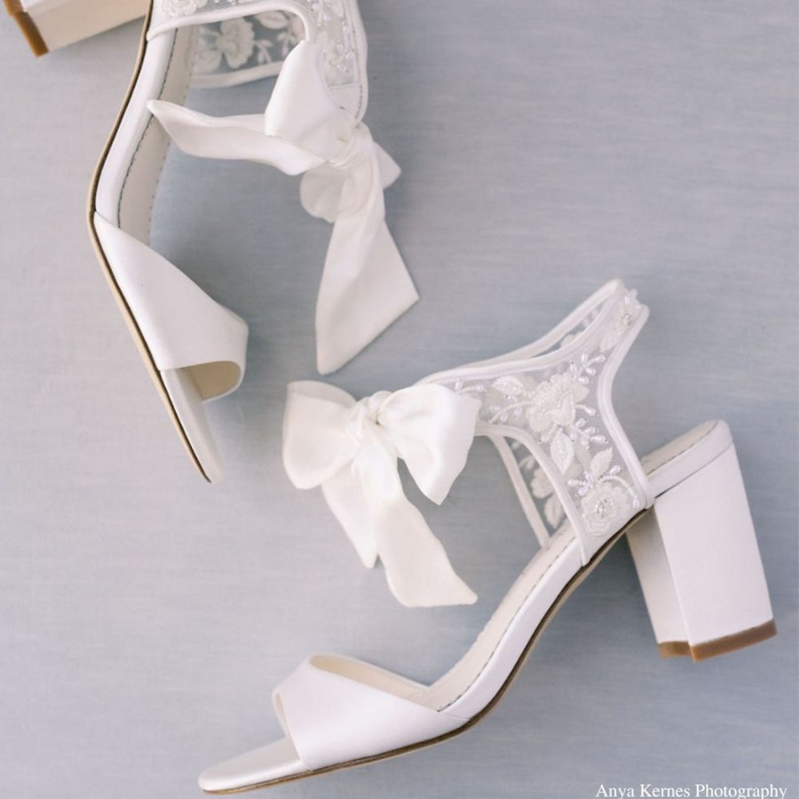 Bridal Bella Belle Shoes | Block Heel Open Toe Wedding Shoes With Lace Ankle Enclosure And Silk Bow Ivory