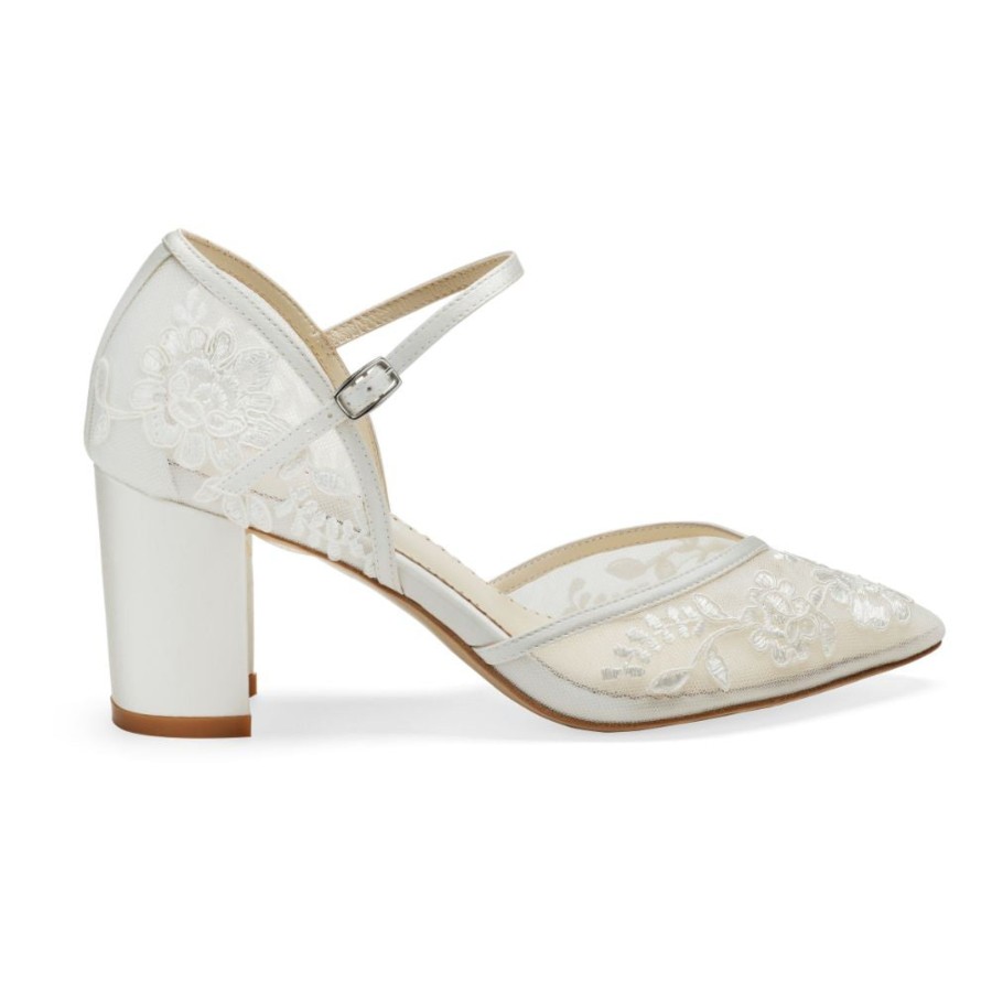 Bridal Bella Belle Shoes | Floral Illusion Mesh Low Block Wedding Heels With Ankle Strap Ivory