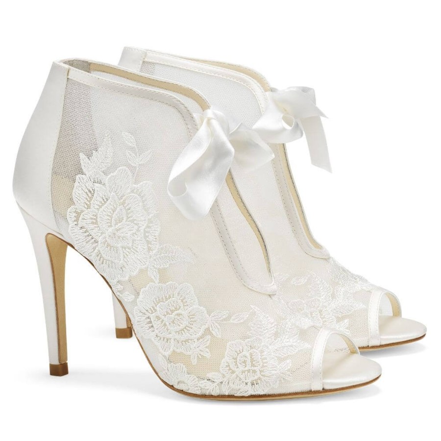 Bridal Bella Belle Shoes | Lace Wedding Booties With Rose Applique & Ribbon Tie Ivory