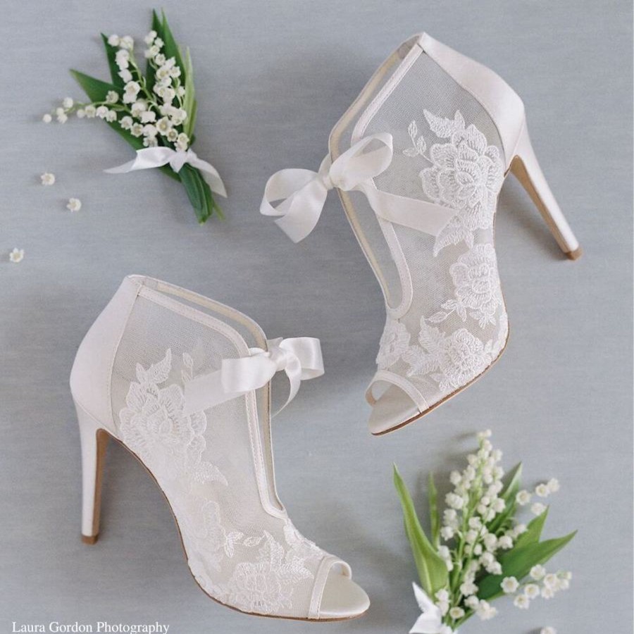 Bridal Bella Belle Shoes | Lace Wedding Booties With Rose Applique & Ribbon Tie Ivory