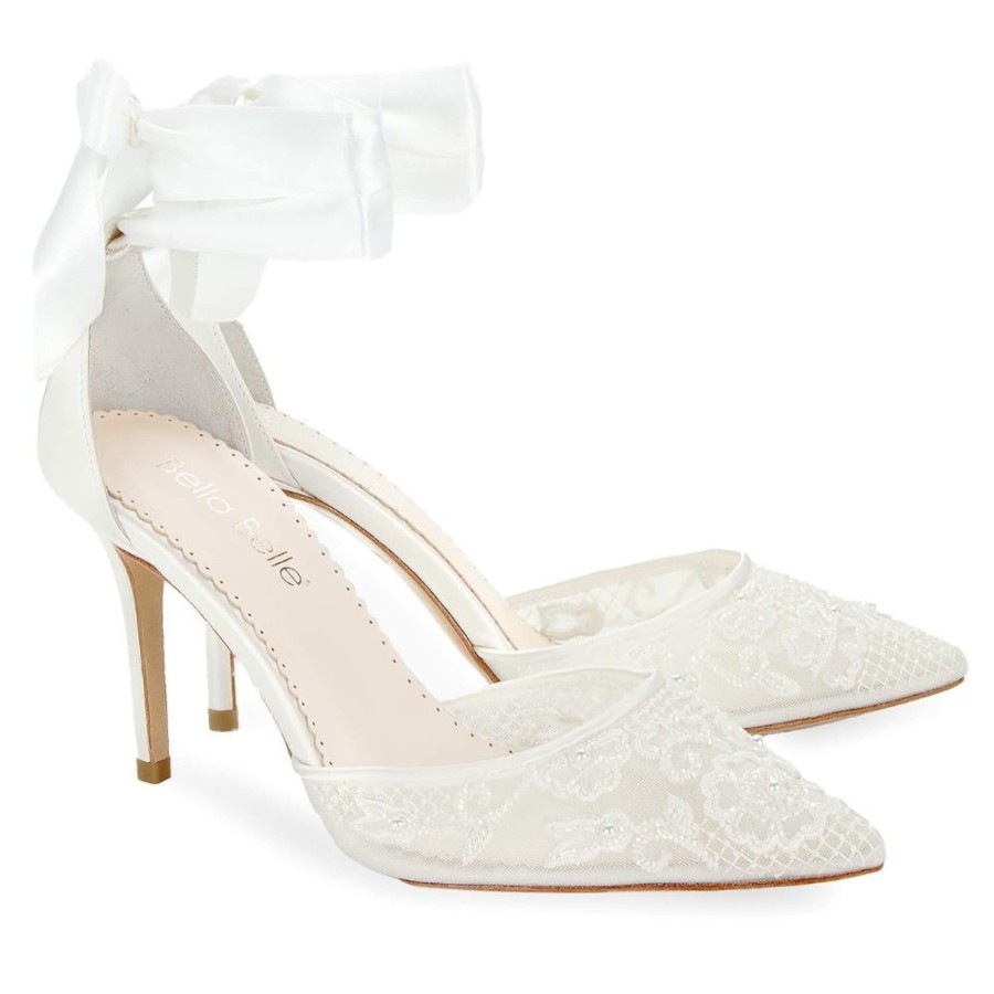 Bridal Bella Belle Shoes | Ankle Wrap Lace Wedding Shoes With Pearls Ivory