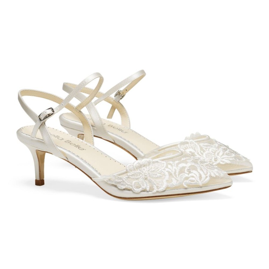 Bridal Bella Belle Shoes | Floral Lace Low Heel Shoes With Pearl Accents Ivory