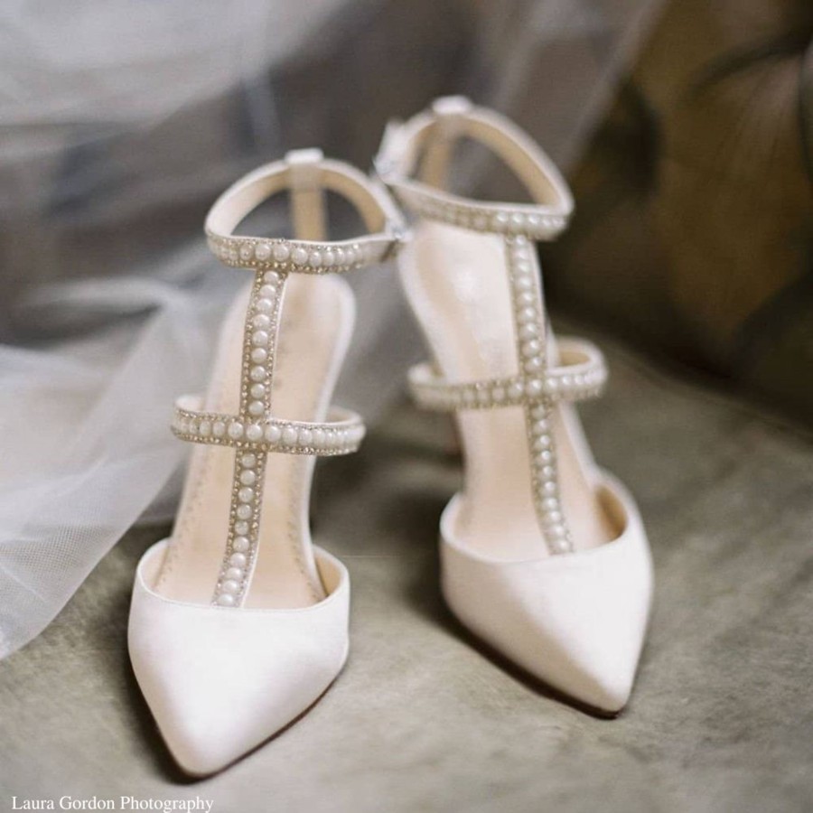 Bridal Bella Belle Shoes | T-Strap Heels With Crystals & Pearls Ivory