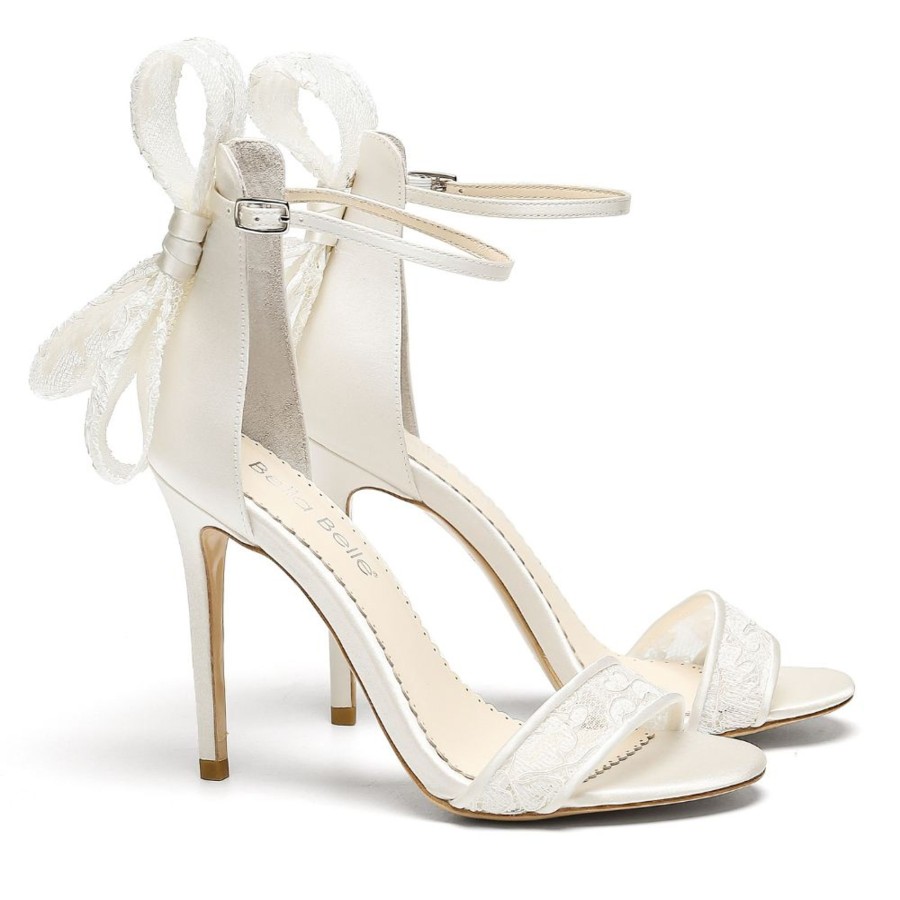 Bridal Bella Belle Shoes | Stiletto Lace Bow Heels With Lace Vamp Strap For Brides Ivory