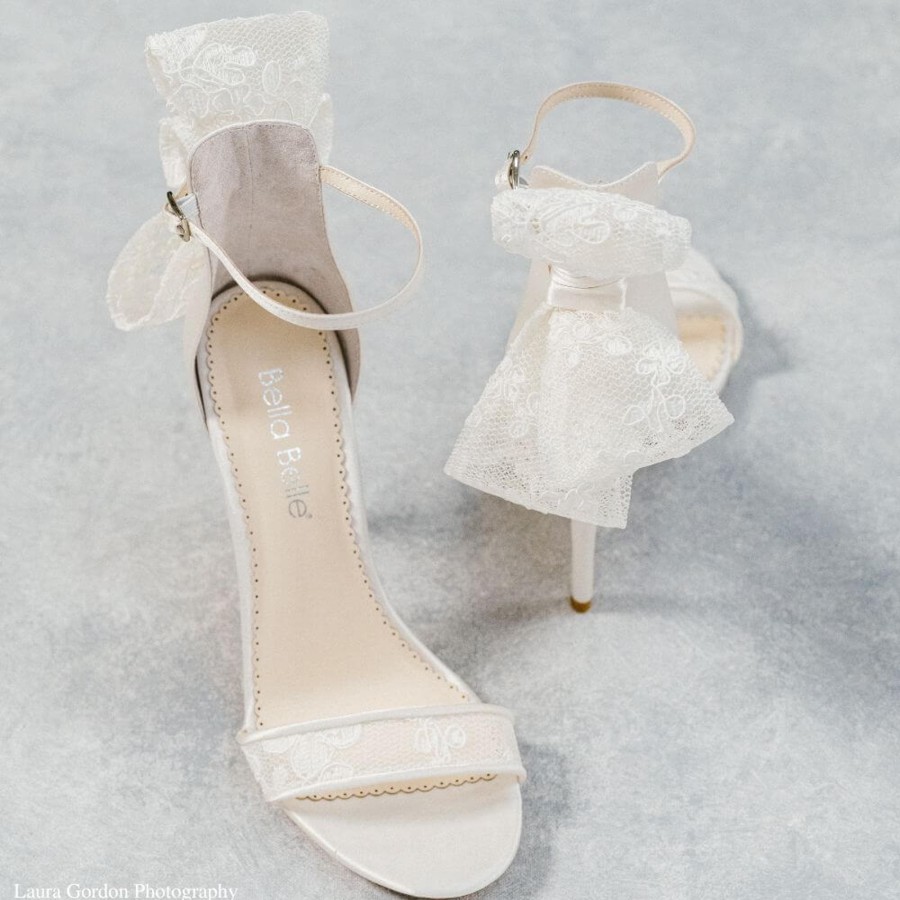 Bridal Bella Belle Shoes | Stiletto Lace Bow Heels With Lace Vamp Strap For Brides Ivory