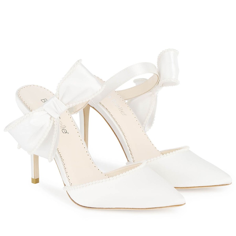 Bridal Bella Belle Shoes | Wedding Mules With Pearl Lined Bows Ivory