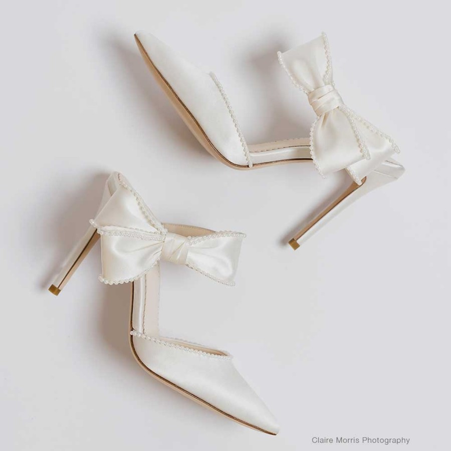 Bridal Bella Belle Shoes | Wedding Mules With Pearl Lined Bows Ivory