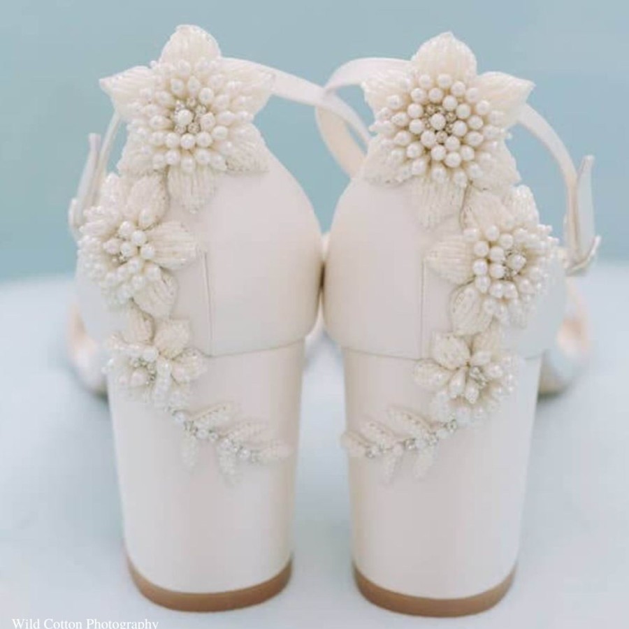 Bridal Bella Belle Shoes | 3D Embellished Block Heel Floral Wedding Shoes For Bride Ivory