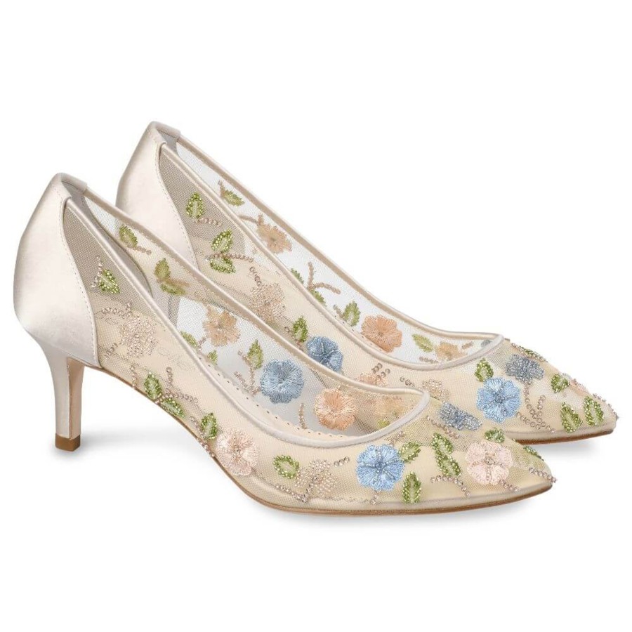 Non-Bridal Bella Belle Shoes | Embroidered Floral Kitten Heels Nude