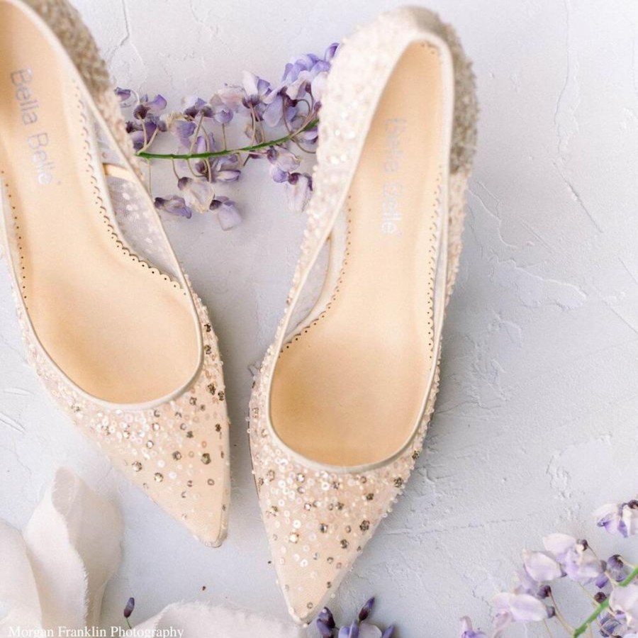 Bridal Bella Belle Shoes | Crystal Embellished Sequin Sparkly Heels Nude