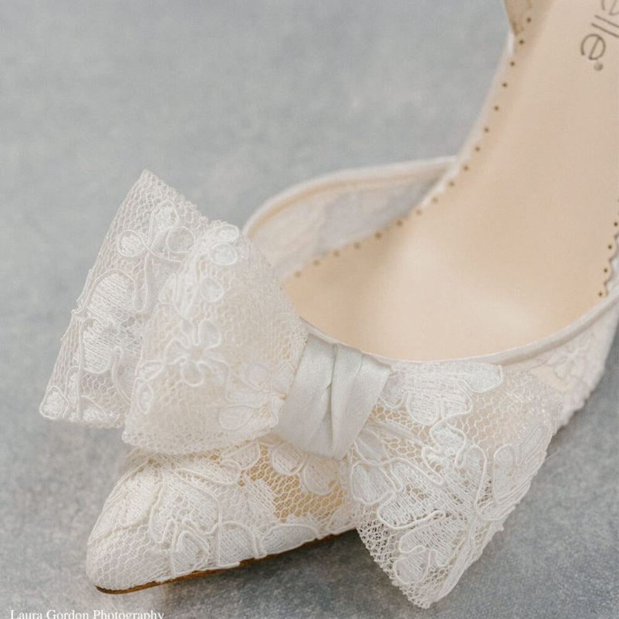 Bridal Bella Belle Shoes | Lace Bow Slingback Kitten Heel Ivory