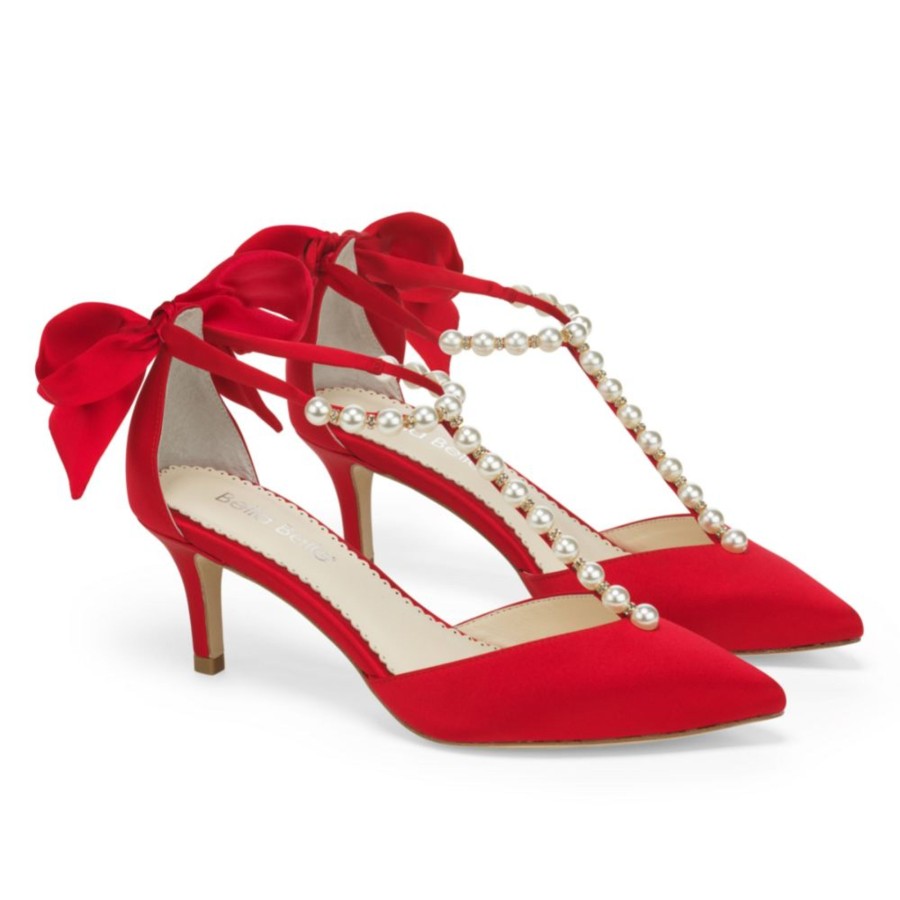 Non-Bridal Bella Belle Shoes | Kitten Heels With Pearl T Straps And Bows Red