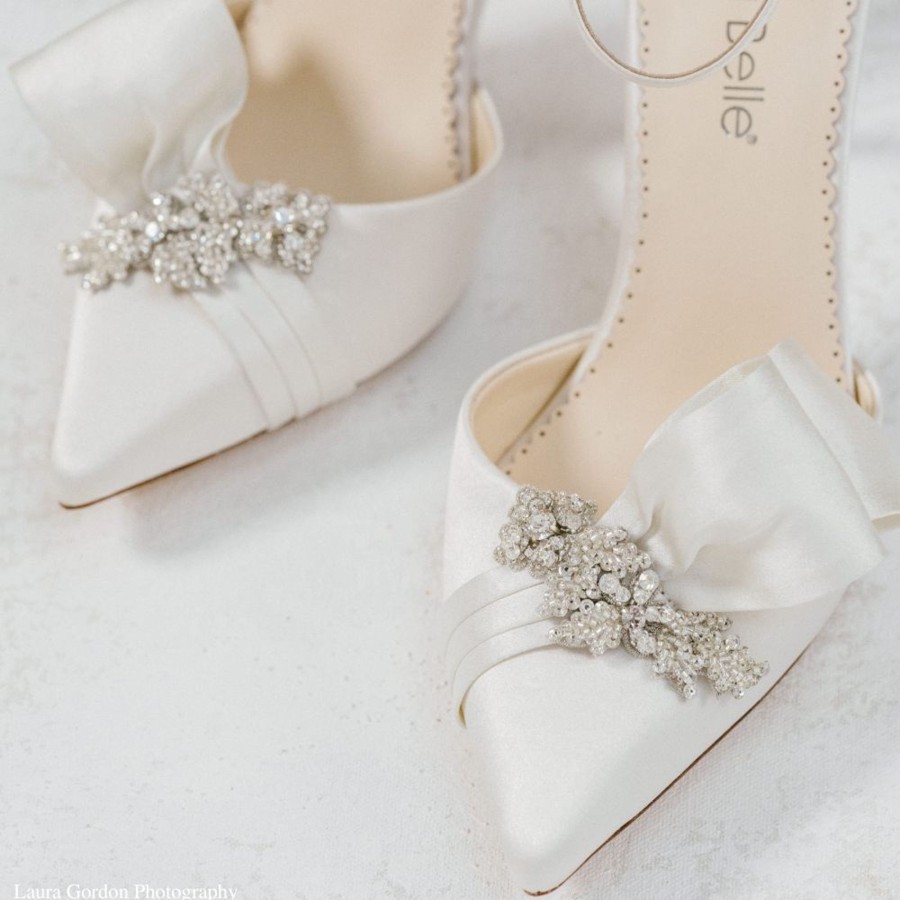 Bridal Bella Belle Shoes | Asymmetrical Bow Heel Crystal Embellished Shoes For Brides Ivory