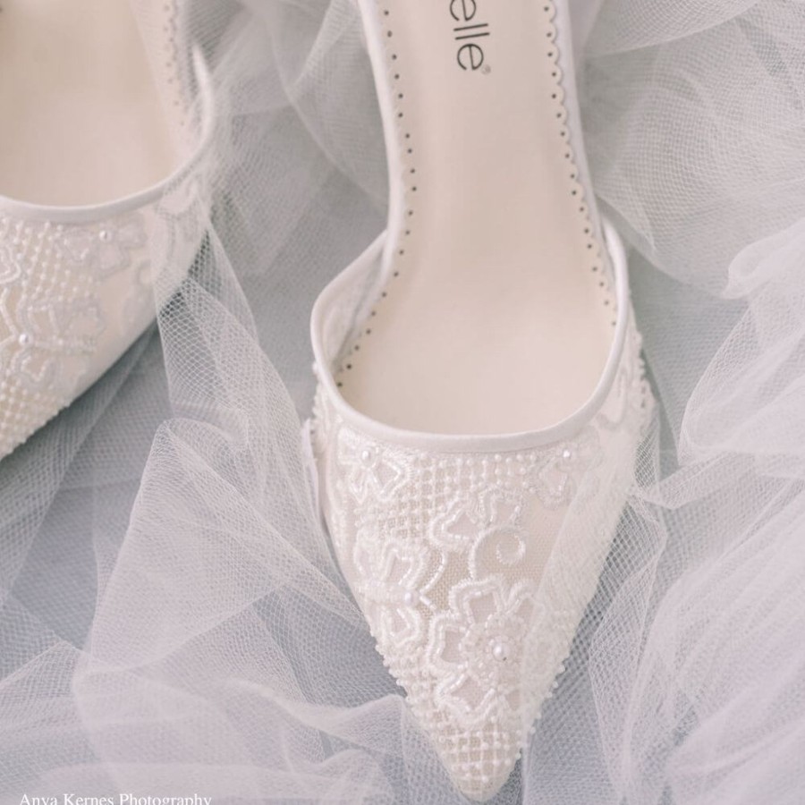 Bridal Bella Belle Shoes | Floral Embroidered Lace Flats For Wedding With Pearls Ivory