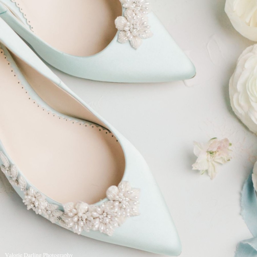 Non-Bridal Bella Belle Shoes | Wedding Flats With 3D Floral Pearl Embellishment Blue