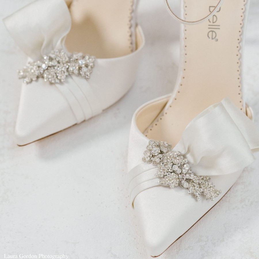 Bridal Bella Belle Shoes | Asymmetrical Bow Heel Crystal Embellished Shoes For Brides Ivory