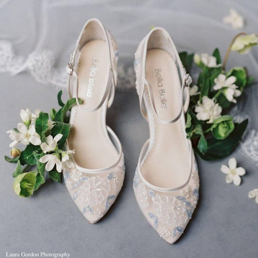 Bridal Bella Belle Shoes | Block Heel Wedding Shoes With Blue Leaves And Flower Buds Ivory