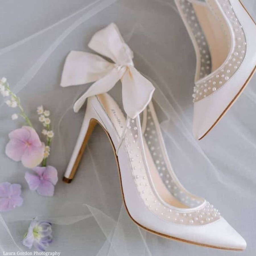 Bridal Bella Belle Shoes | Pearl Slingback Wedding Shoes With Silk Heel Bow Ivory