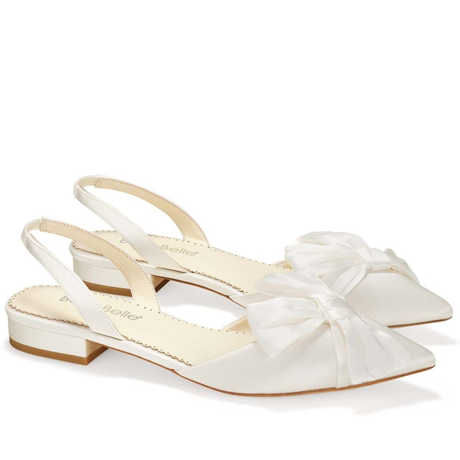 Bridal Bella Belle Shoes | Bridal Slingback Flats With Asymmetric Bow Ivory